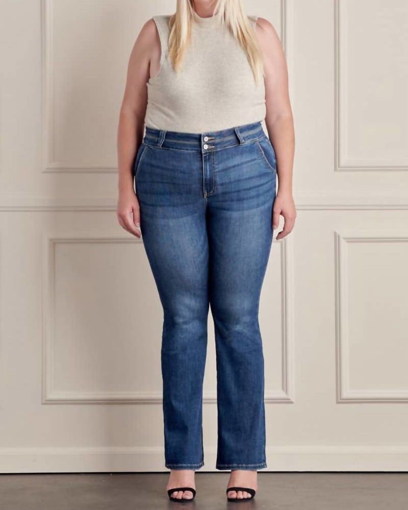 Front of a model wearing a size 16W Curvy Utility Bootcut In Blue in Blue by KanCan. | dia_product_style_image_id:350840